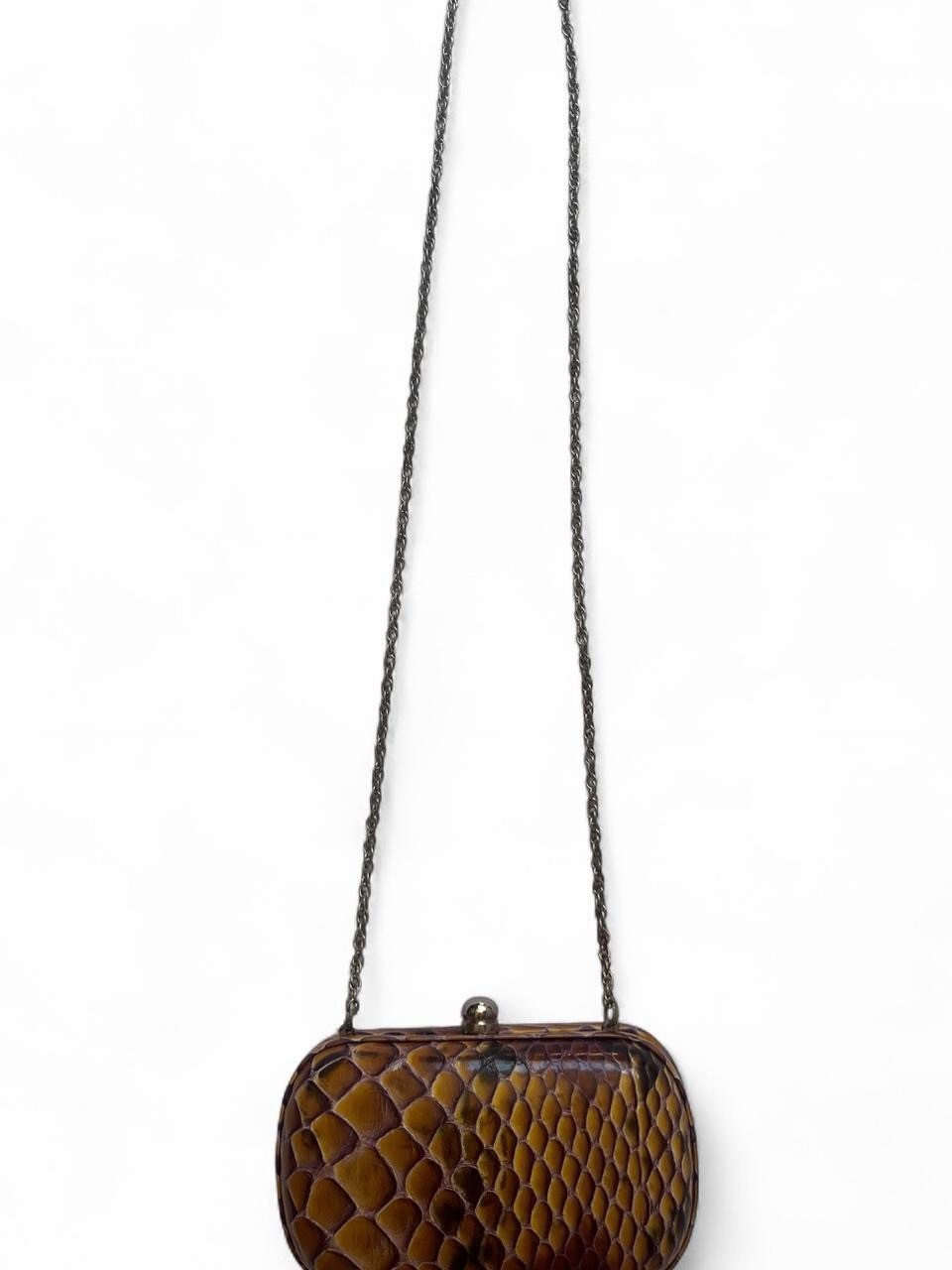 Marciano Brown Snake-Embossed Clutch With Chain Strap
